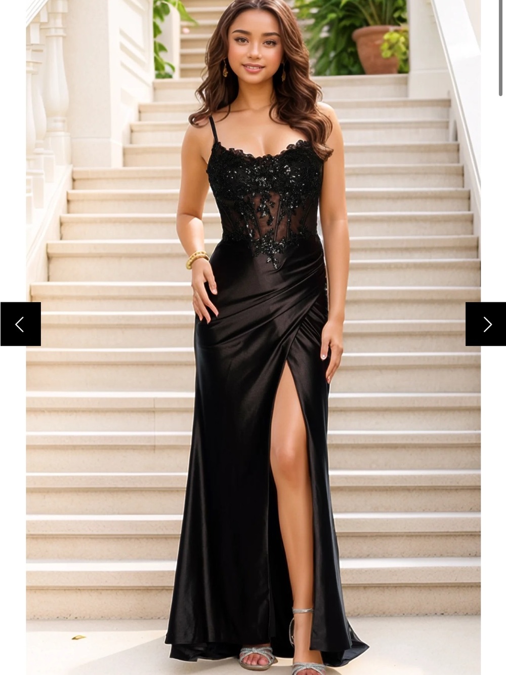 Dave & Johnny Black Beaded Sheer Corset Evening Gown with Slit
